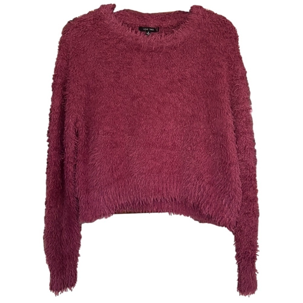 LOVE TREE Dusty Mauve Crew Neck Style Cropped Fuzzy Sweater, Size Small, GUC.